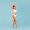 Slimming Concept. Beautiful Slim Female In Underwear With Drawn Outlines Around Her Body Standing On Blue Studio Background, Fit Young Wman Raising Hands And Smiling, Copy Space, Collage